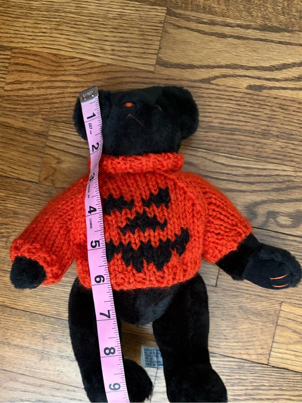 Vintage A&A Halloween Black Stuffed Animal Bear Orange Sweater Toy Decor